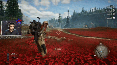 A Video Game Screen Shows A Man Holding A Gun In A Field GIF