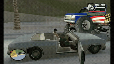 A Video Game Screen Shows A Man Sitting In A Car Next To A Truck That Says $ 00B30b4 GIF