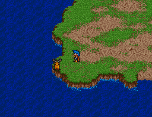 A Video Game Screen Shows A Man Standing On A Cliff Near A Body Of Water GIF