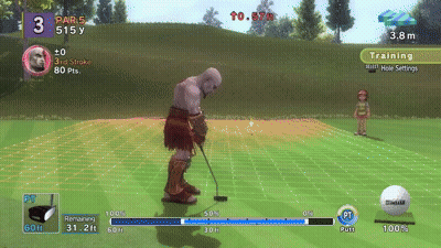 A Video Game Screen Shows A Man Swinging A Golf Club On A Green GIF