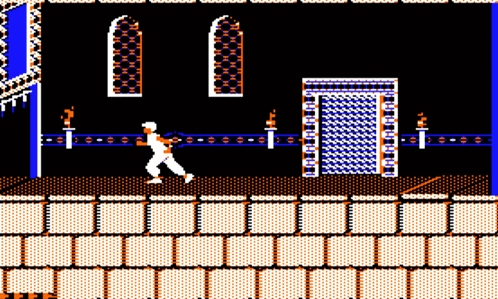 A Video Game Screen Shows A Man Walking In Front Of A Gate GIF