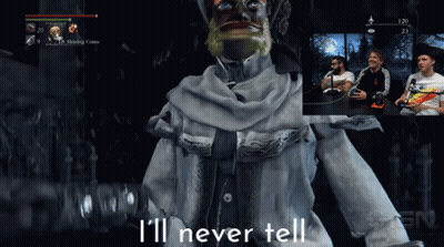 A Video Game Screen Shows A Man With A Beard And The Words " I 'Ll Never Tell " GIF