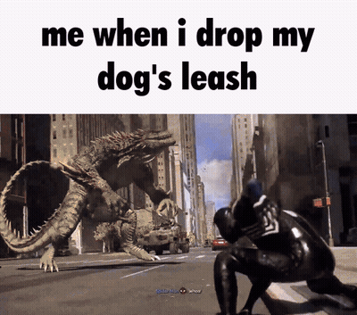 A Video Game Screen Shows A Monster And Says Me When I Drop My Dog 'S Leash At The Bottom GIF
