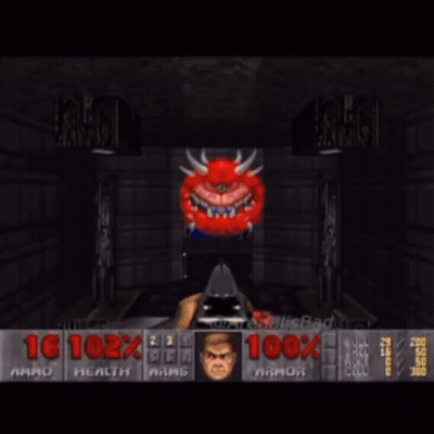 A Video Game Screen Shows A Monster With Horns And A Score Of 16 102 % GIF