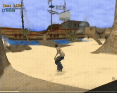 A Video Game Screen Shows A Person Riding A Skateboard On A Sandy Beach GIF