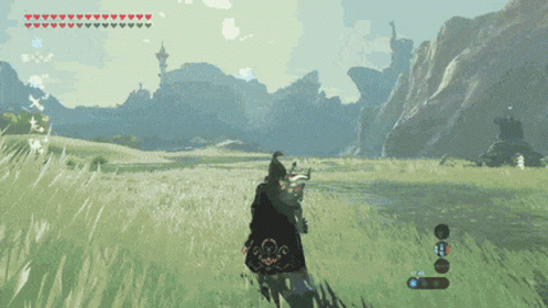 A Video Game Screen Shows A Person Standing In A Grassy Field GIF