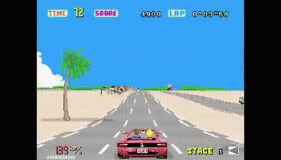 A Video Game Screen Shows A Red Car Driving Down A Desert Road GIF
