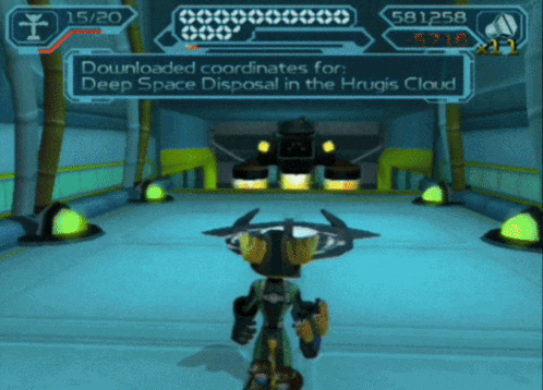 A Video Game Screen Shows A Robot And The Words Downloaded Coordinates For Deep Space Disposal In The Huggis Cloud GIF