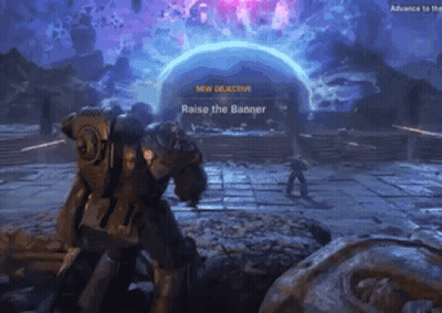 A Video Game Screen Shows A Robot Standing In Front Of A Banner That Says " New Objective Raise The Banner " GIF
