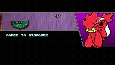 A Video Game Screen Shows A Rooster Eating A Piece Of Cheese And The Words Agree To Disagree GIF