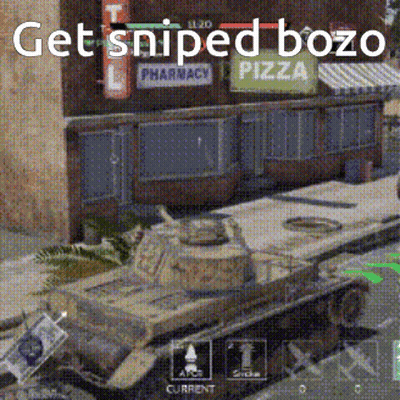 A Video Game Screen Shows A Tank In Front Of A Pharmacy And Pizza Shop GIF