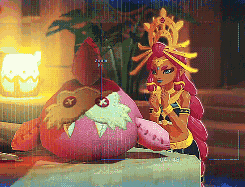A Video Game Screen Shows A Woman Sitting Next To A Stuffed Animal With Zoom Written In The Corner GIF