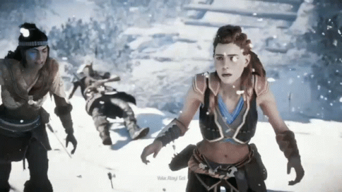 A Video Game Screen Shows A Woman Standing In The Snow And Says Voice Along Cut GIF