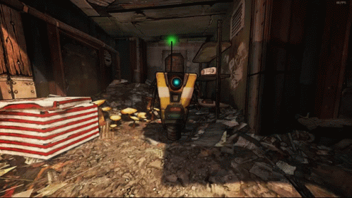 A Video Game Screen Shows A Yellow And White Robot With A Green Light Behind It GIF