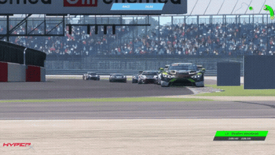 A Video Game Screen Shows Cars On A Race Track With A Hyper Logo In The Corner GIF