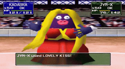 A Video Game Screen Shows Jyn-X And Kadabra GIF
