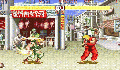 A Video Game Screen Shows Two Fighters Fighting In Front Of A Store That Says Ko 99 GIF