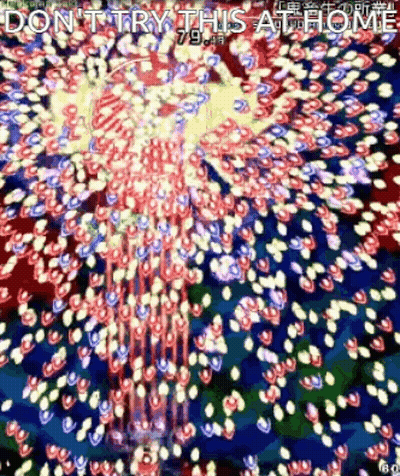 A Video Game Screen With A Bunch Of Fireworks And The Words `` Do N't Try This At Home '' GIF