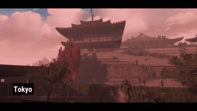 A Video Game Screenshot Of Tokyo With A Large Temple In The Background GIF