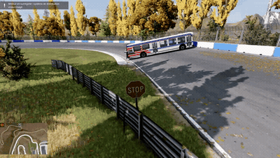 A Video Game Shows A Bus Going Around A Curve With A Stop Sign In The Foreground GIF