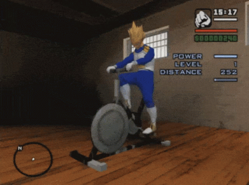 A Video Game Shows A Character Riding An Exercise Bike With A Power Level Of 430 GIF
