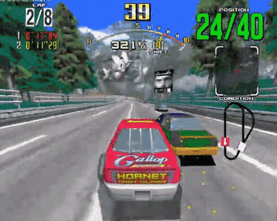 A Video Game Shows A Gallop Hornet Race Car GIF