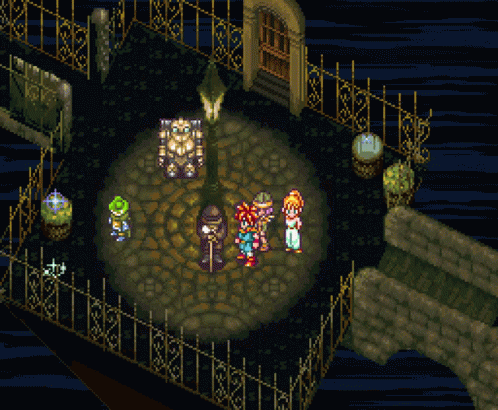 A Video Game Shows A Group Of People Standing Around A Clock GIF