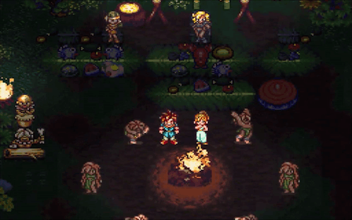 A Video Game Shows A Group Of People Standing Around A Fire GIF