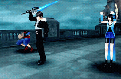 A Video Game Shows A Man Holding A Blue Sword And A Woman In A Blue Dress GIF