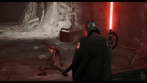 A Video Game Shows A Man Holding A Red Light Saber And The Words Get Your Kicks On The Bottom Right GIF