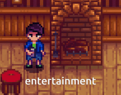 A Video Game Shows A Man Standing In Front Of A Fireplace And The Word Entertainment Below Him GIF