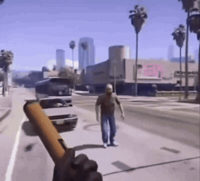 A Video Game Shows A Man Walking Down A Street Holding A Gun GIF