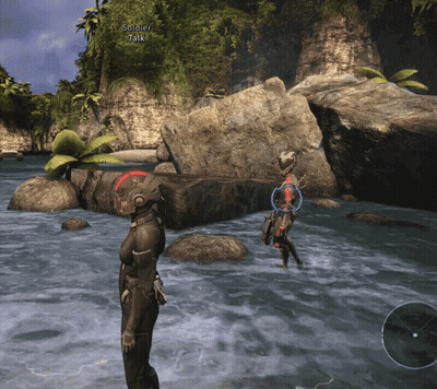 A Video Game Shows A Soldier Talking To Another Person In The Water GIF