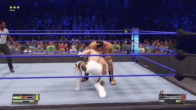 A Video Game Shows Two Wrestlers In A Wrestling Ring With A Referee Watching GIF