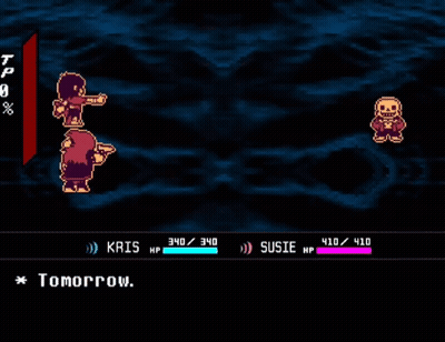 A Video Game Where Kris And Susie Are Fighting Each Other And Kris Says " What Do You Mean Tomorrow " GIF