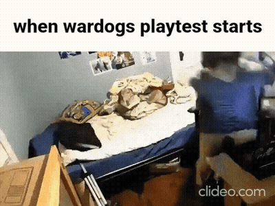 A Video Of A Dog Laying On A Bed With The Words " When Wardogs Playtest Starts " GIF