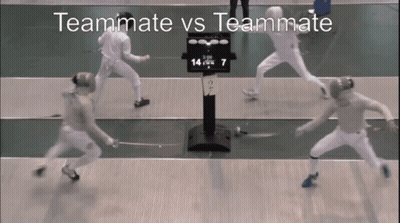 A Video Of A Fencing Match With The Words Teammate Vs Teammate At The Bottom GIF