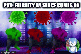 A Video Of A Group Of People Dancing With A Caption That Says " Pov Eternity By Slice Comes On " GIF