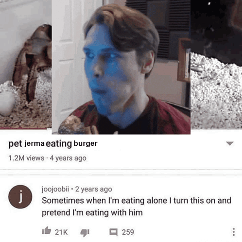 A Video Of A Man Eating A Burger With A Caption That Says " Pet Jerma Eating Burger " GIF