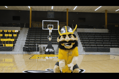 A Viking Mascot Sitting On A Basketball Court Wearing A Yellow Shirt That Says Valley Central GIF
