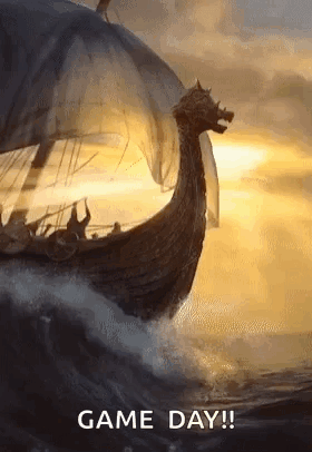 A Viking Ship In The Ocean With The Words Game Day Written On The Bottom GIF