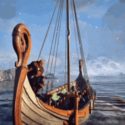 A Viking Ship Is Floating On The Water With A Man On The Back GIF