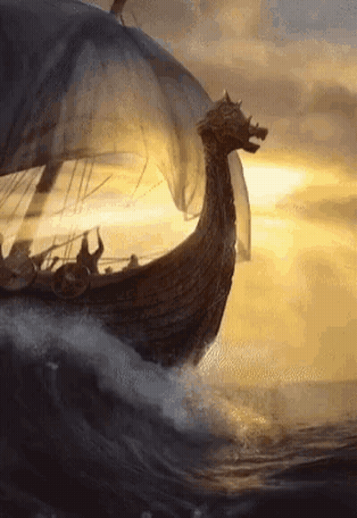 A Viking Ship With A Dragon Head Is Sailing Through The Ocean . GIF