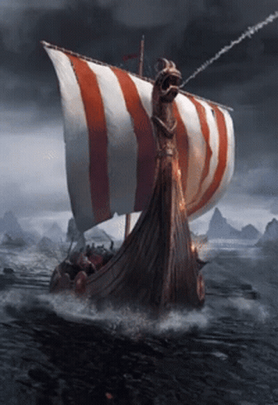 A Viking Ship With A Striped Sail Is Floating In The Ocean GIF