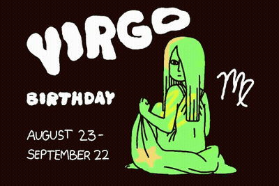A Virgo Birthday Poster Shows A Woman In A Green Dress GIF