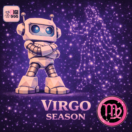 A Virgo Season Poster With A Robot Standing On A Purple Background GIF