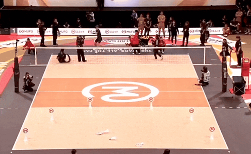 A Volleyball Court With The Letter M On The Floor GIF