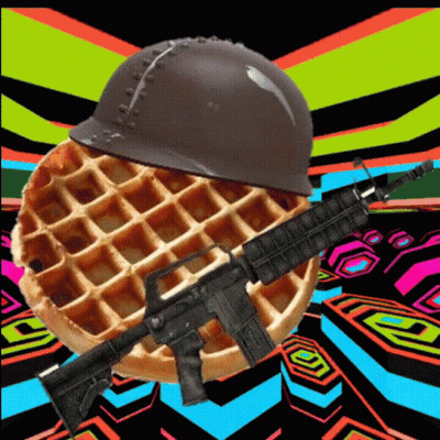 A Waffle With A Helmet And An Assault Rifle On It GIF