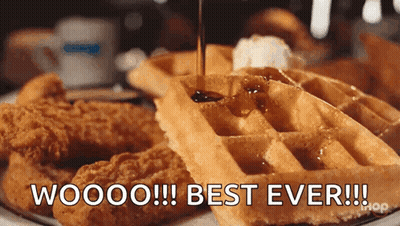 A Waffle With Syrup Being Poured On It With The Words Woooo Best Ever GIF