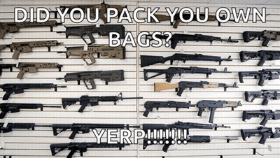 A Wall Full Of Guns With The Words " Did You Pack You Own Bags " GIF